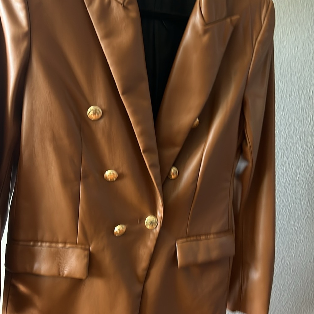 Zara TAN LEATHER Blazer - Picture 9 of 12